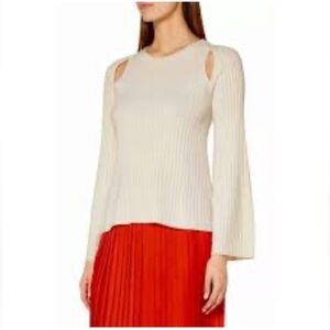 Vince Off-White Ribbed 100 % Cashmere Sweater with shoulder cutouts bell sleeves